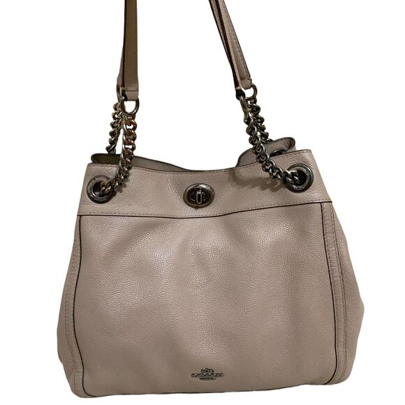 Coach Handbags - COACH Stone Gray/Gunmetal Leather Triple EntryTurnlock EDIE Chain Tote #36855